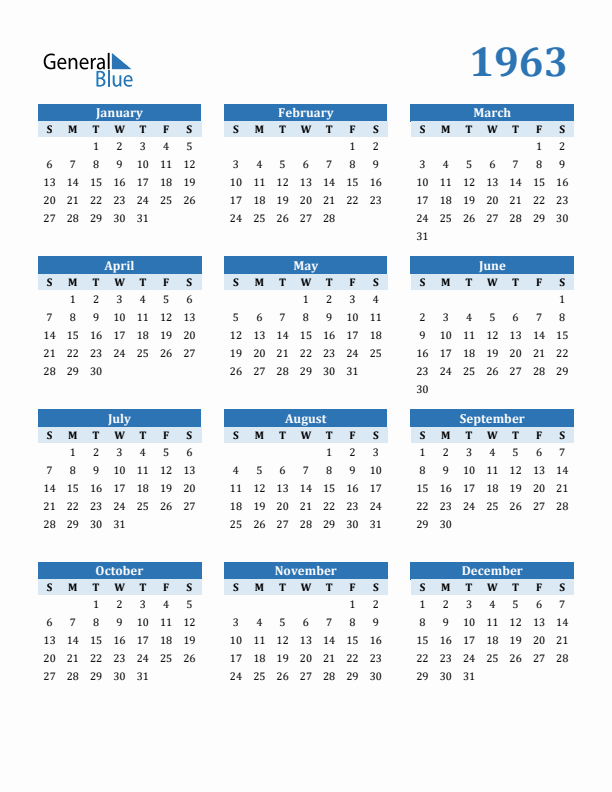 1963 Calendar (PDF, Word, Excel)