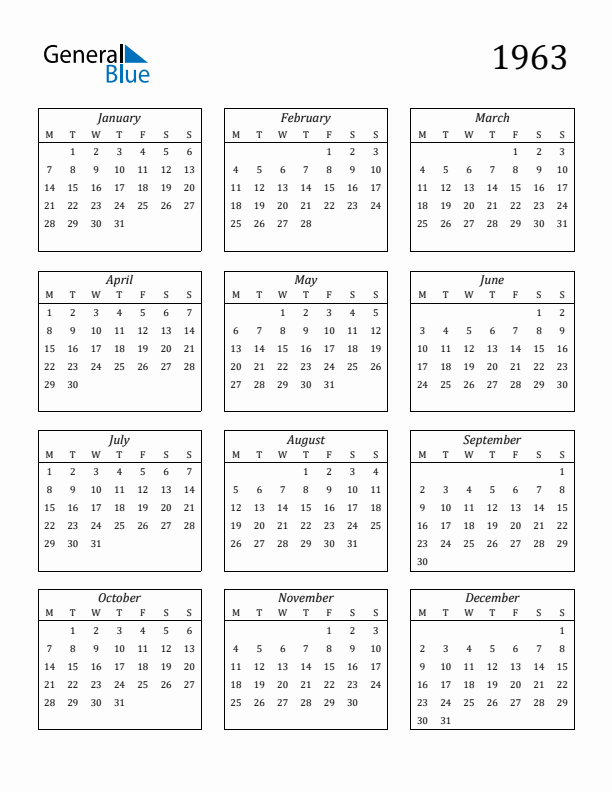 1963 Yearly Calendar Templates with Monday Start