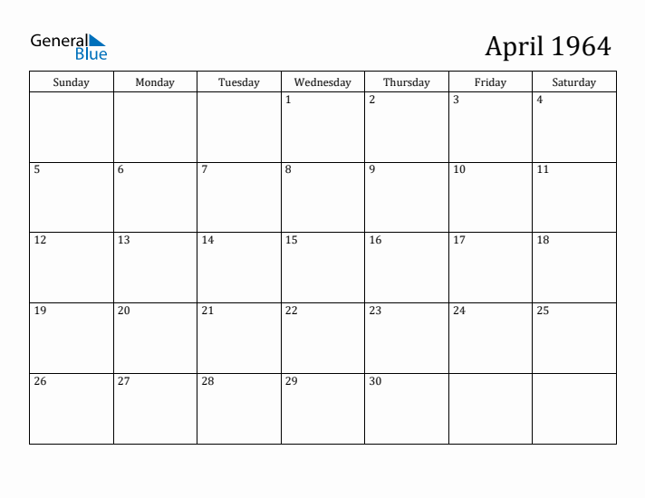 April 1964 Monthly Calendar (PDF Word Excel)