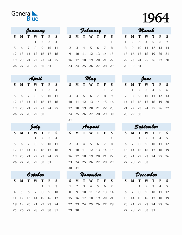 Free Downloadable Calendar for Year 1964
