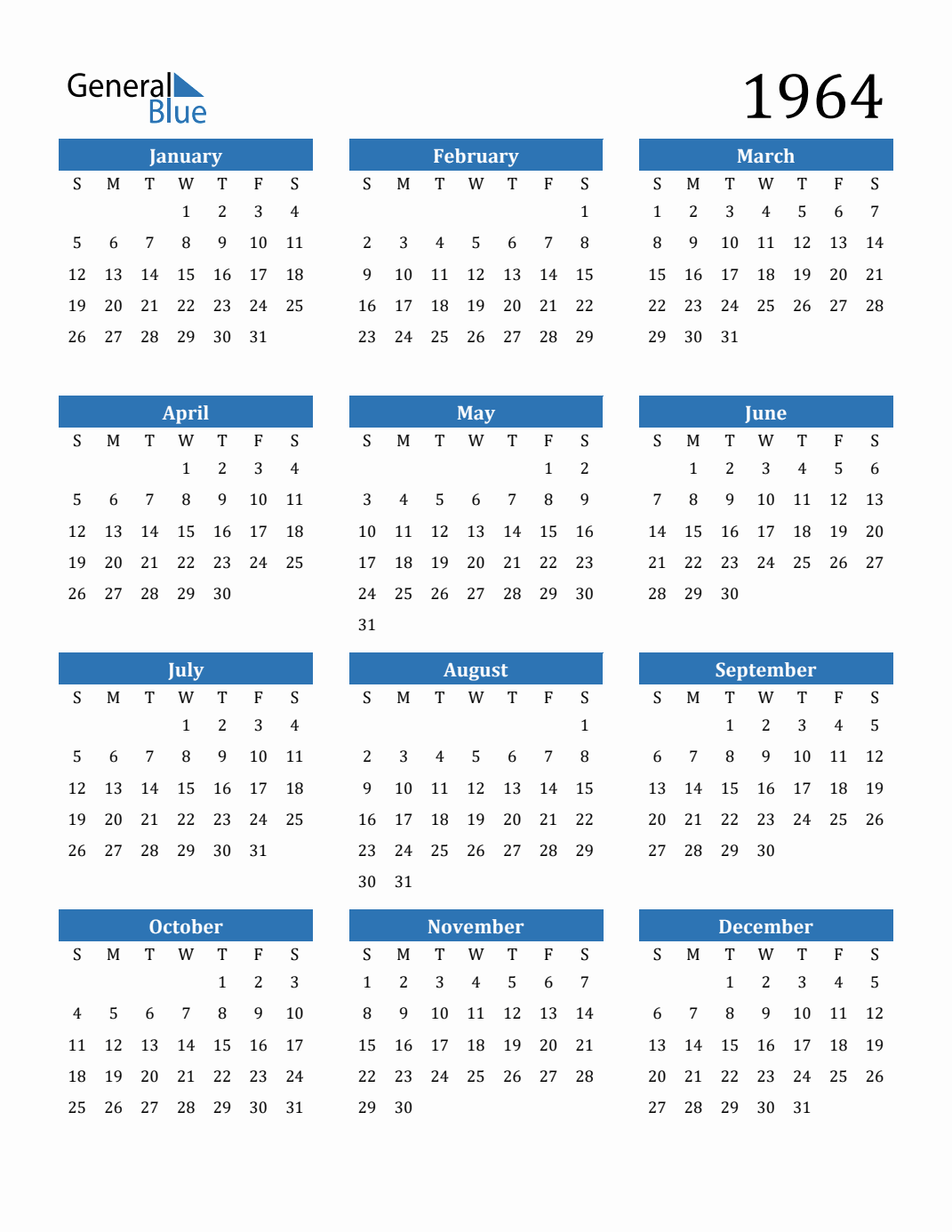 Free 1964 Calendars in PDF, Word, Excel