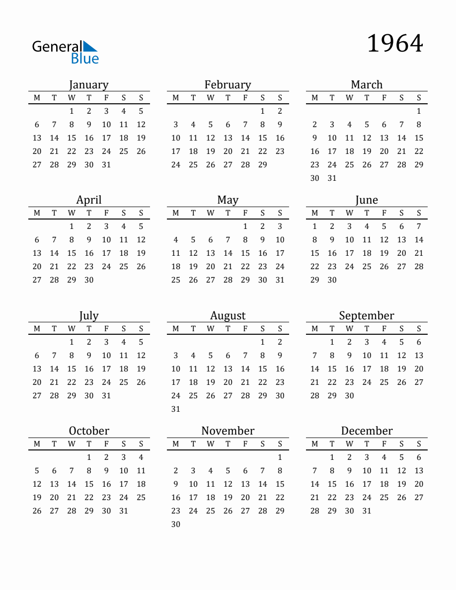 Year 1964 Free Printable 12 Month Calendar