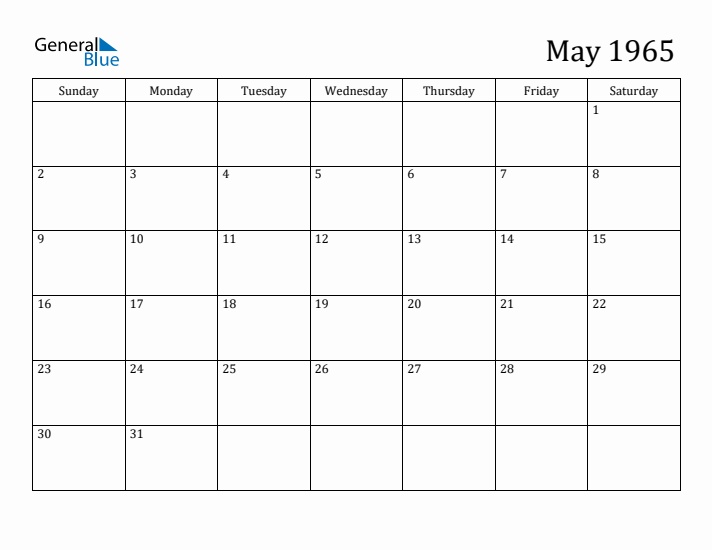 May 1965 Monthly Calendar (PDF Word Excel)