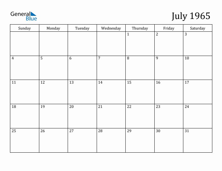 July 1965 Monthly Calendar (PDF Word Excel)