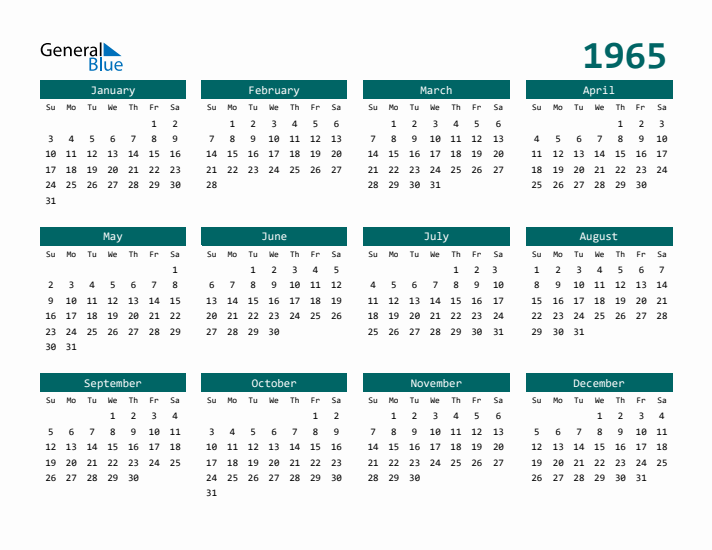 Free 1965 Calendars in PDF Word Excel