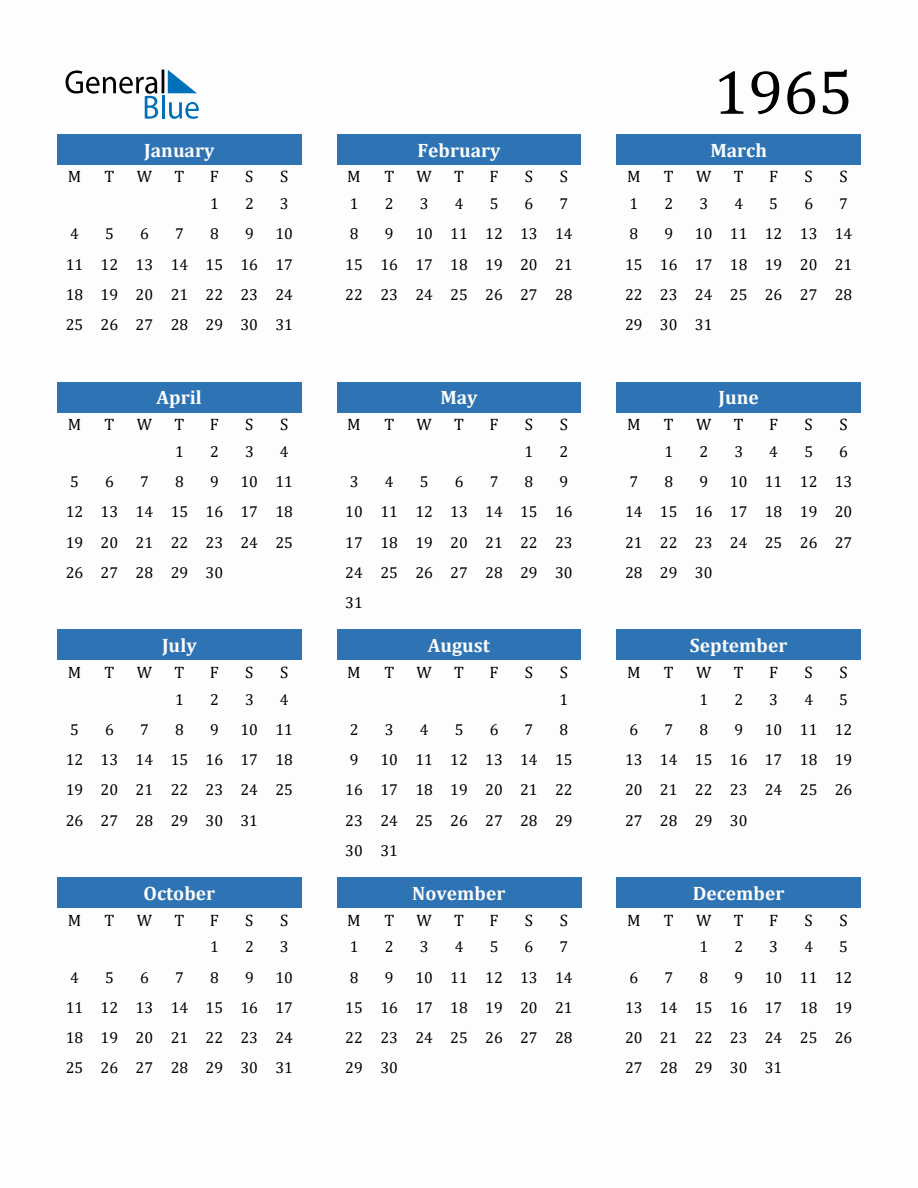 1965 Yearly Calendar