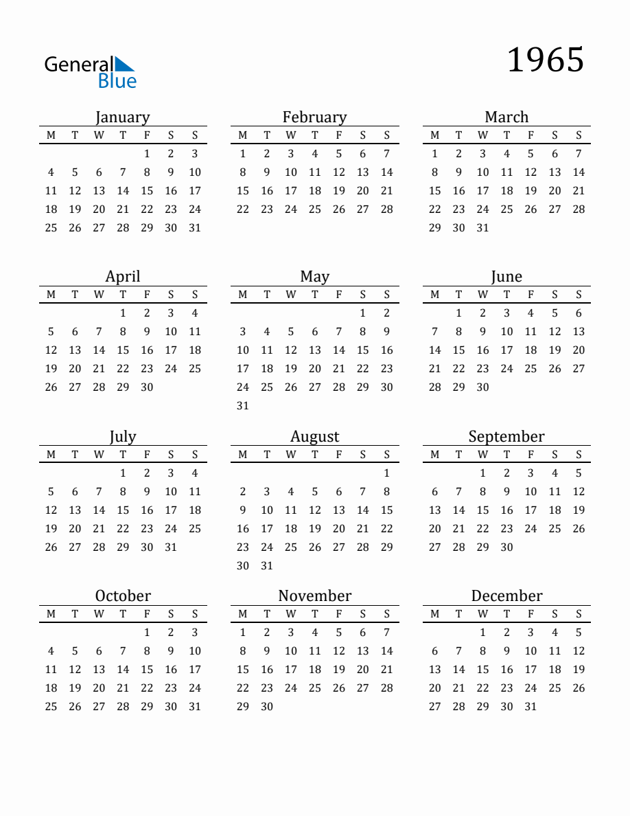 Year 1965 Free Printable 12-Month Calendar
