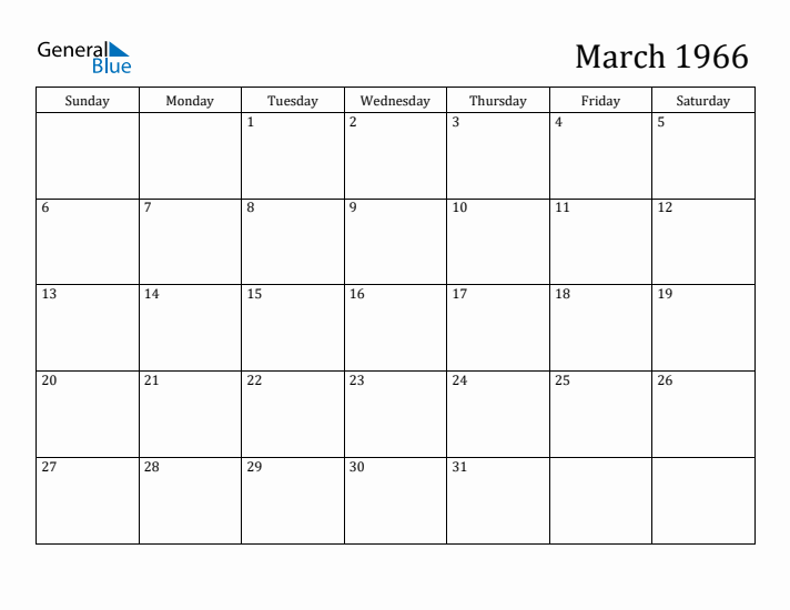 March 1966 Monthly Calendar (PDF Word Excel)