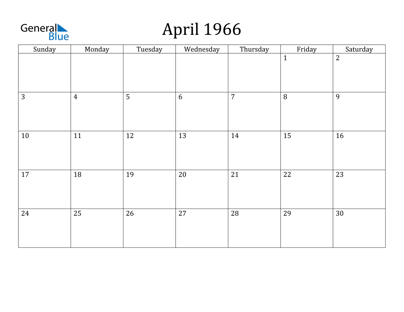 April 1966 Calendar PDF Word Excel