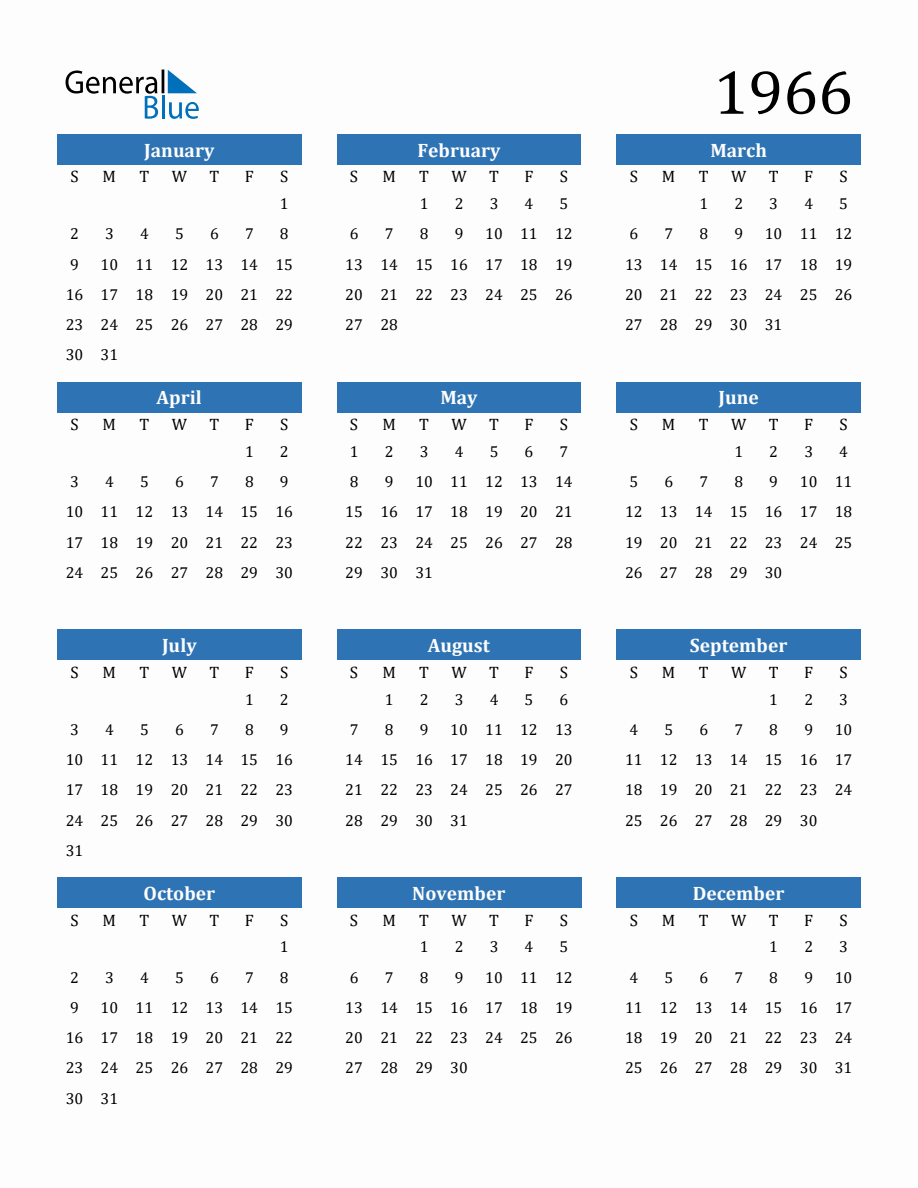 1966 Yearly Calendar