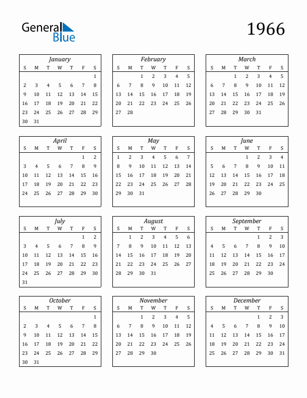 Blank Calendar 1966