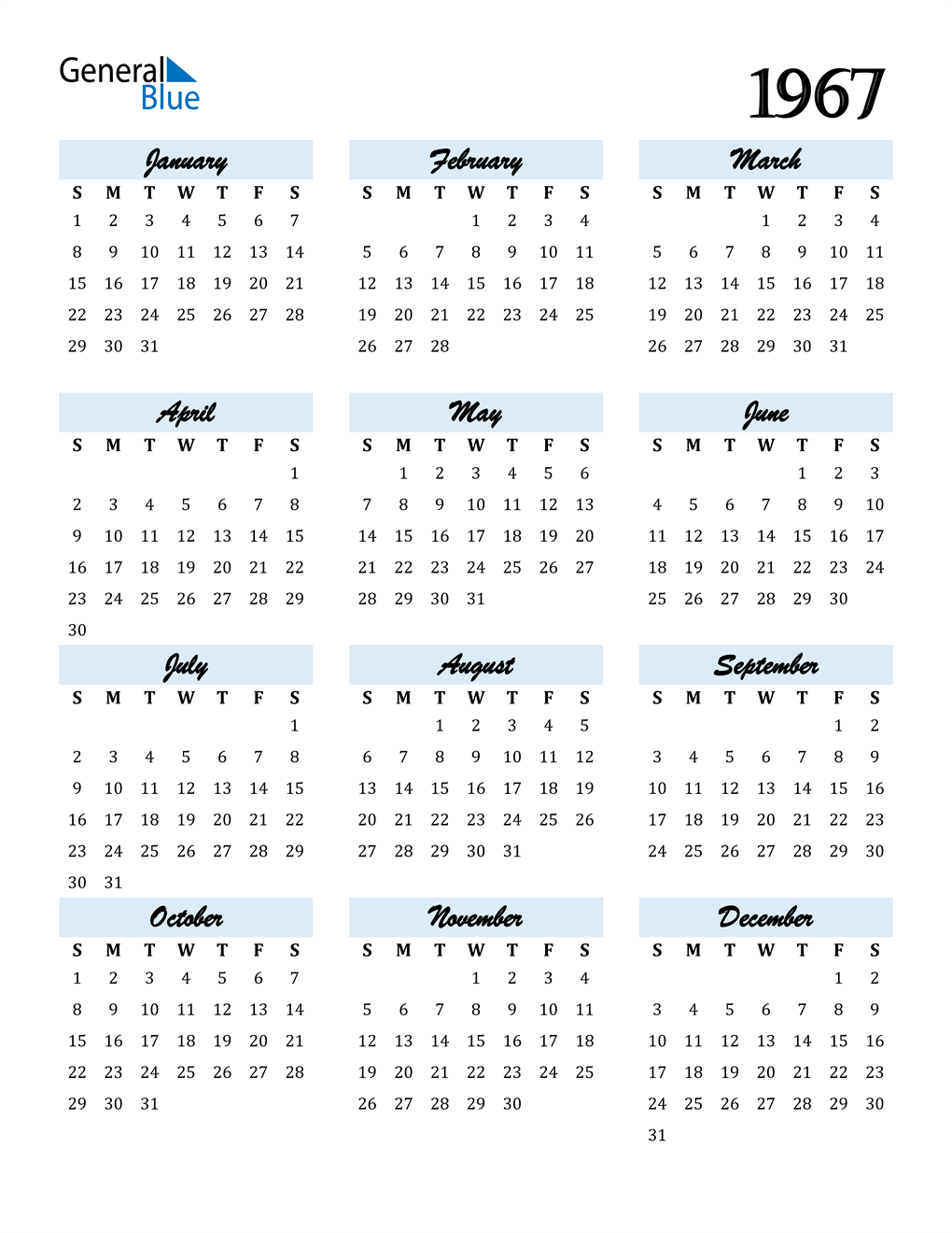 1967 Calendar (PDF, Word, Excel)