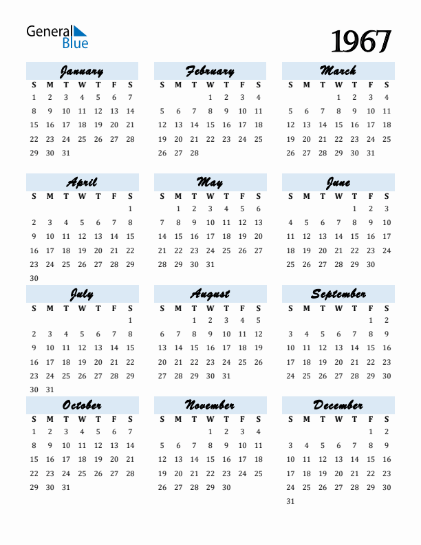 Free 1967 Calendars in PDF Word Excel