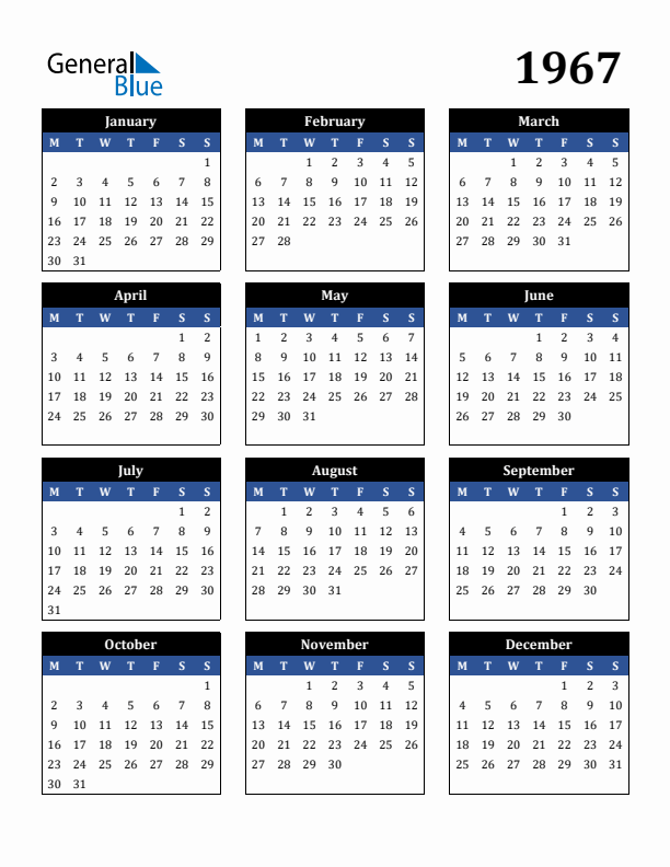 1967 Yearly Calendar Templates with Monday Start
