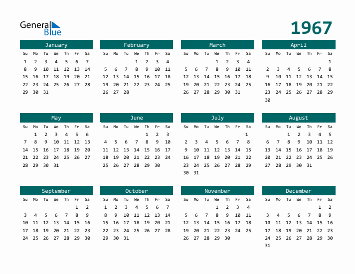 Downloadable 1967 Calendar
