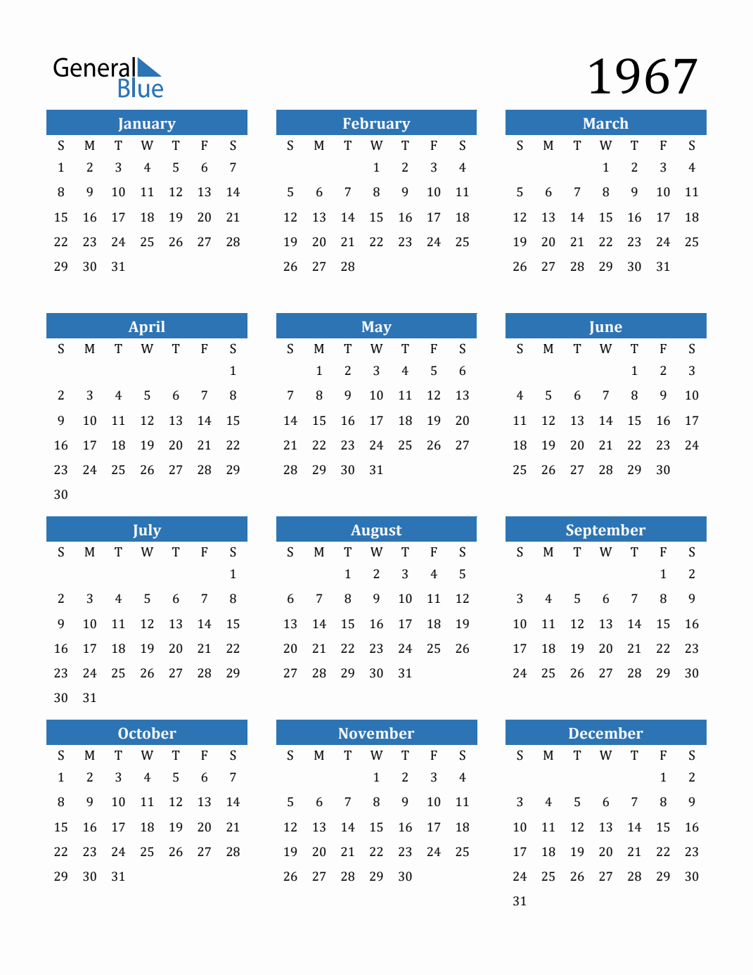 Free 1967 Calendars in PDF, Word, Excel