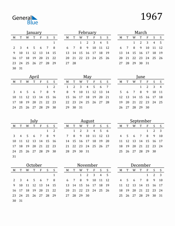 1967 Yearly Calendar Templates with Monday Start