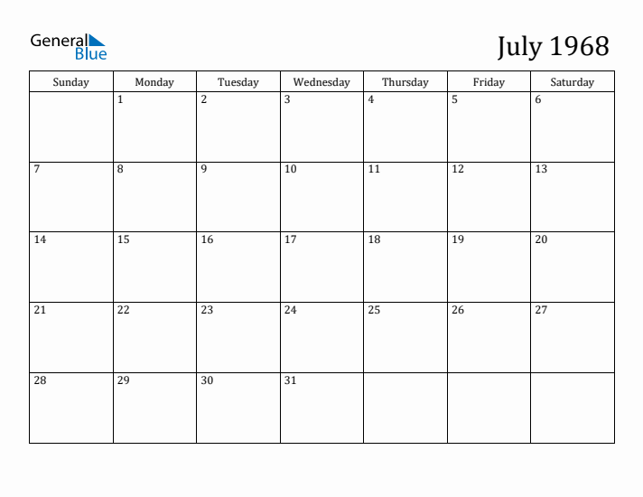 July 1968 Monthly Calendar (PDF Word Excel)