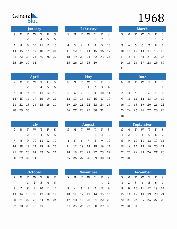Free 1968 Calendars in PDF Word Excel
