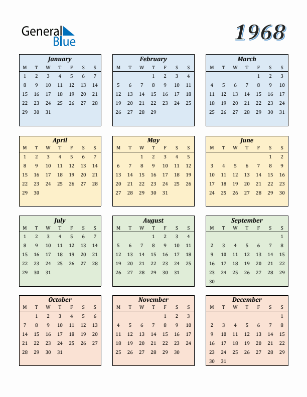 Calendar for 1968 (Monday Start)
