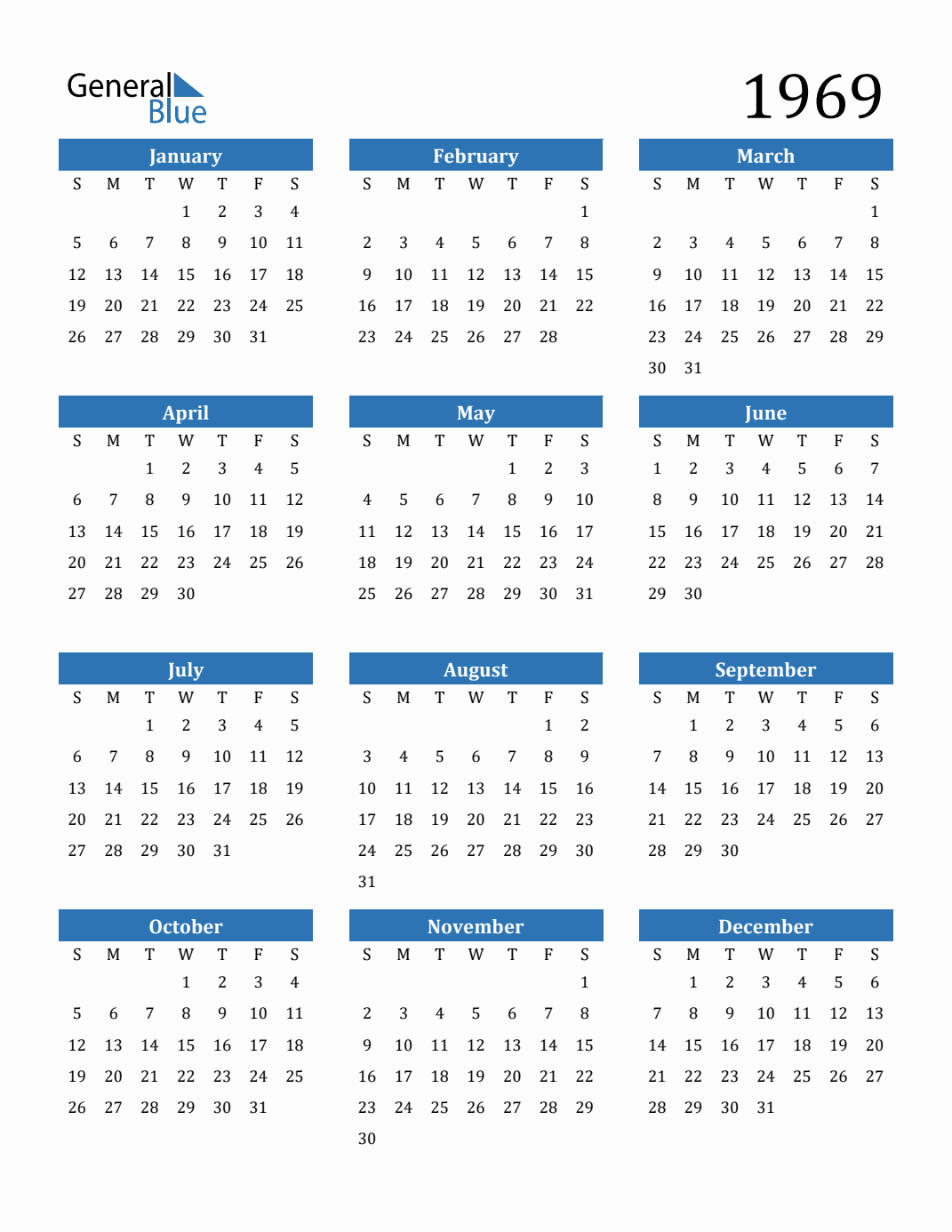 Free 1969 Calendars in PDF, Word, Excel