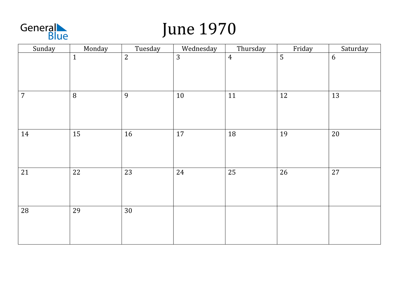 June 1970 Calendar PDF Word Excel
