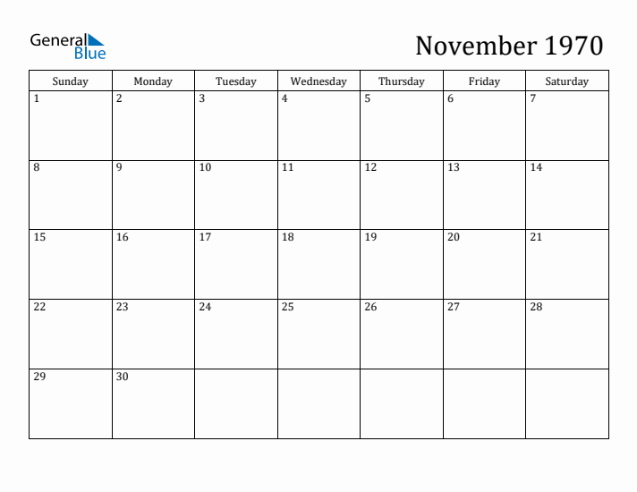 November 1970 Monthly Calendar (PDF Word Excel)