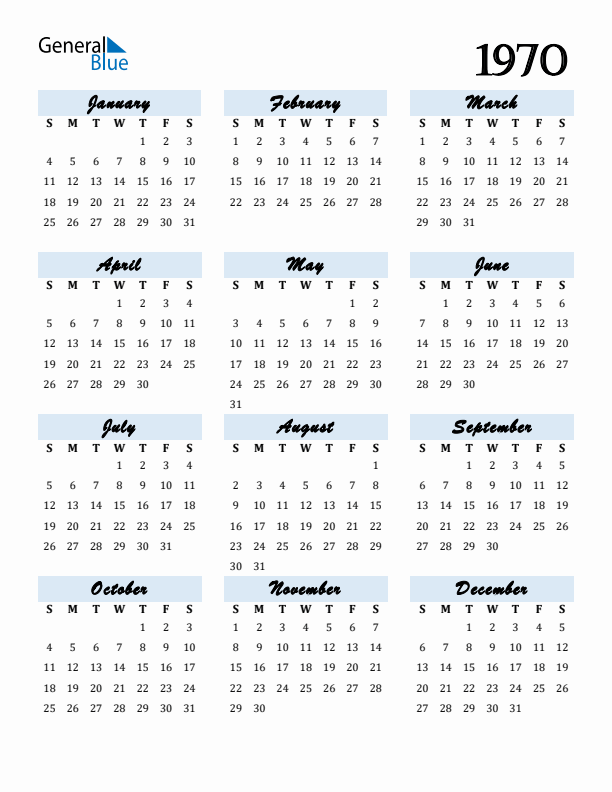 Free 1970 Calendars in PDF Word Excel