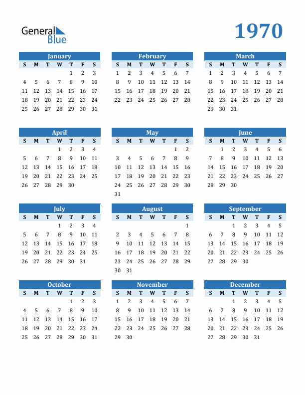 1970 Year Calendar with Sunday Start