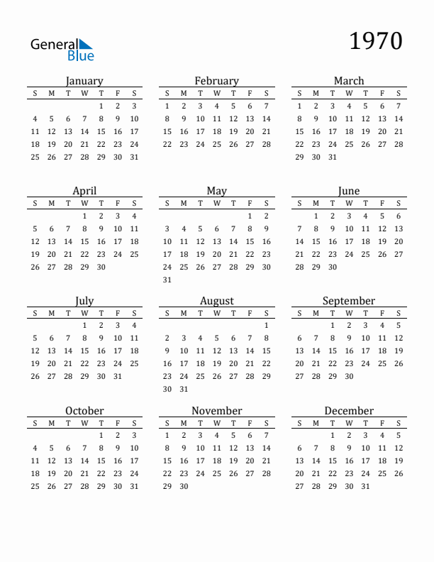 Free 1970 Calendars in PDF Word Excel
