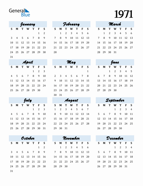 Free 1971 Calendars in PDF Word Excel