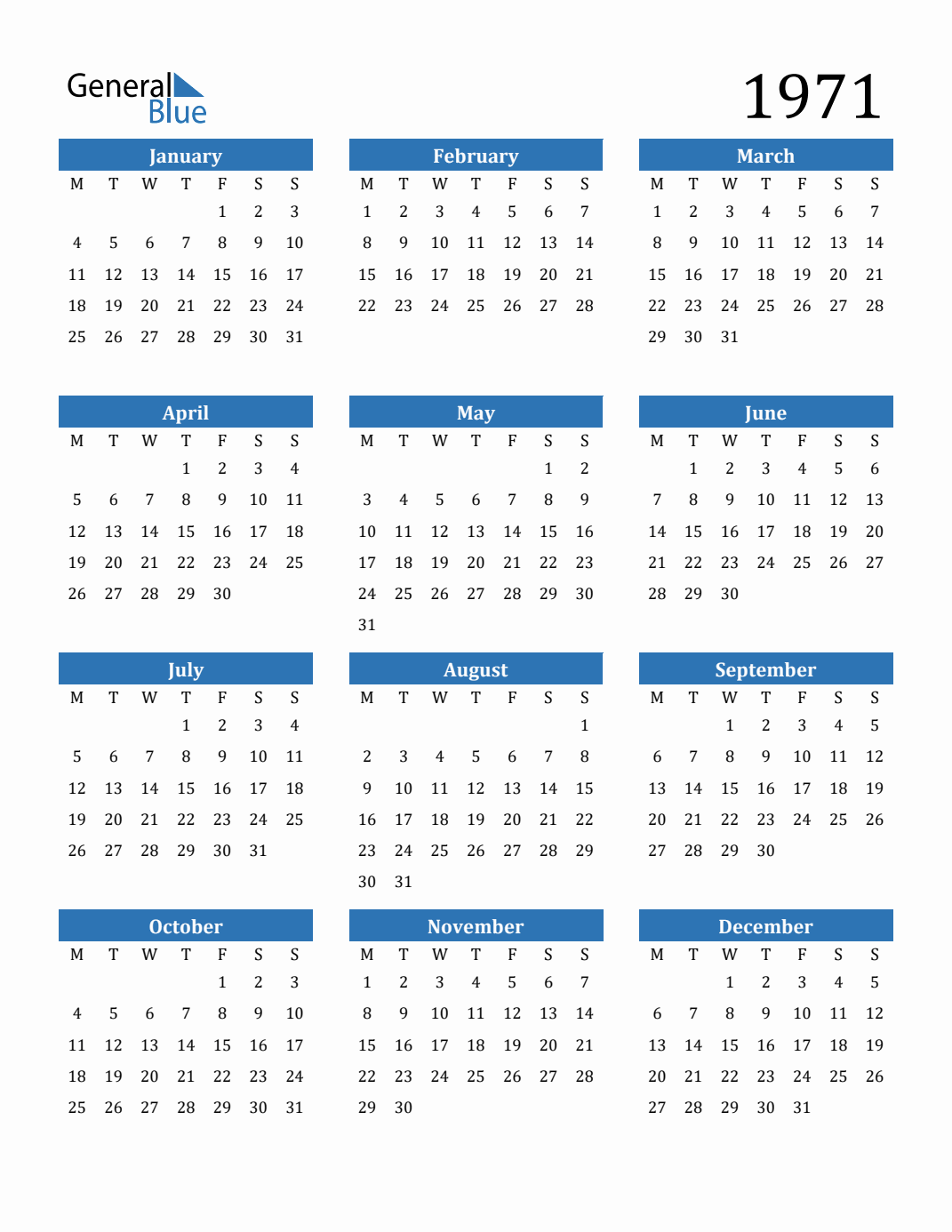 1971 Calendar with Monday Start