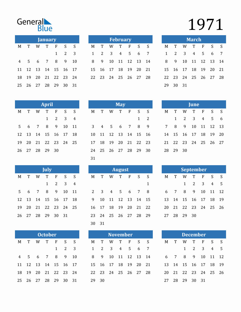 1971 Yearly Calendar