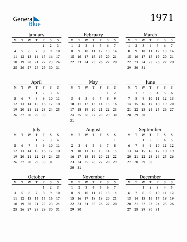 Free Printable Calendar 1971 with Monday Start