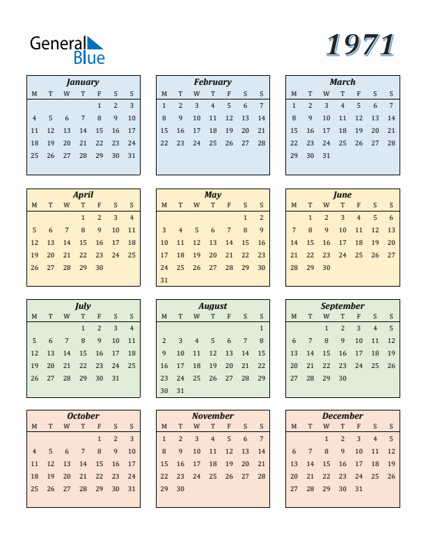 1971 Yearly Calendar Templates with Monday Start