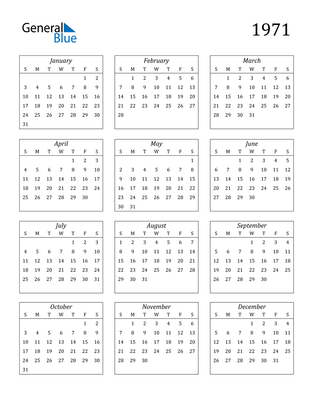 1971 Calendar (Pdf, Word, Excel)