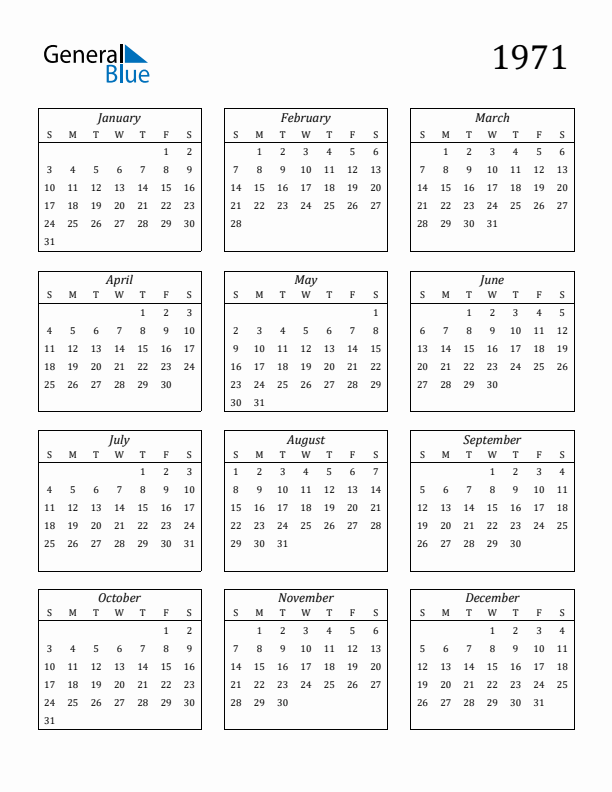 Free 1971 Calendars in PDF, Word, Excel
