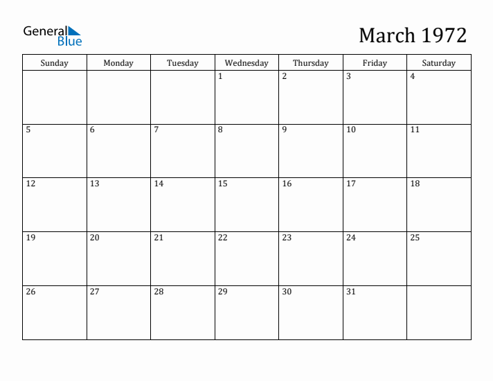 March 1972 Monthly Calendar (PDF Word Excel)