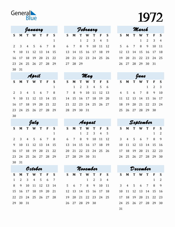 Free 1972 Calendars in PDF Word Excel