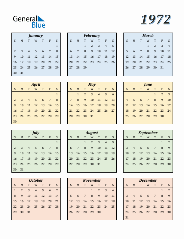 Calendar for 1972 (Sunday Start)