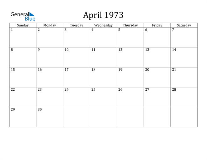 April 1973 Calendar (PDF Word Excel)
