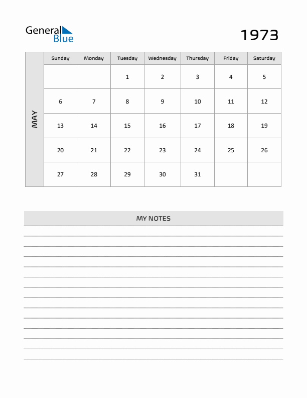 May 1973 Calendars (PDF Word Excel)