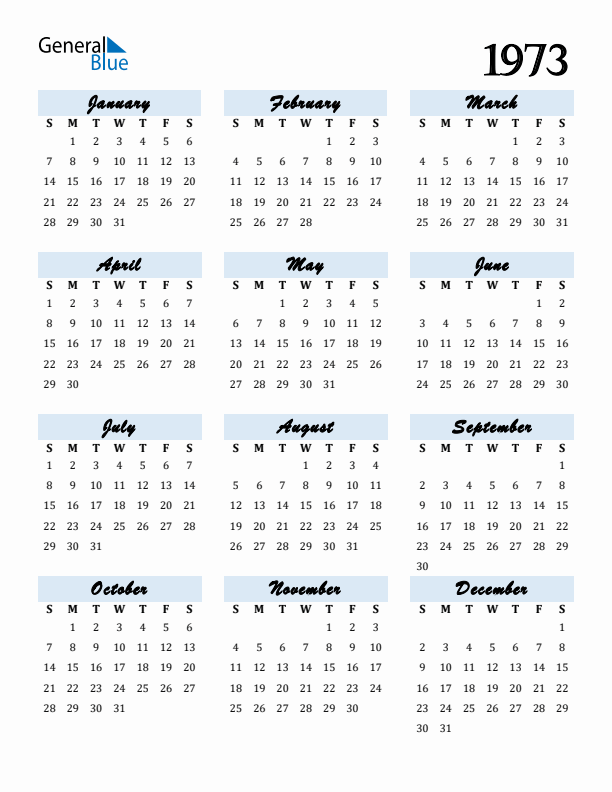 Free 1973 Calendars in PDF Word Excel