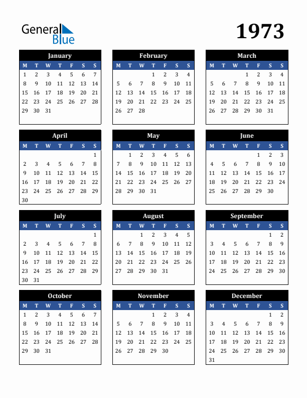 Editable Calendar 1973 - Monday Start