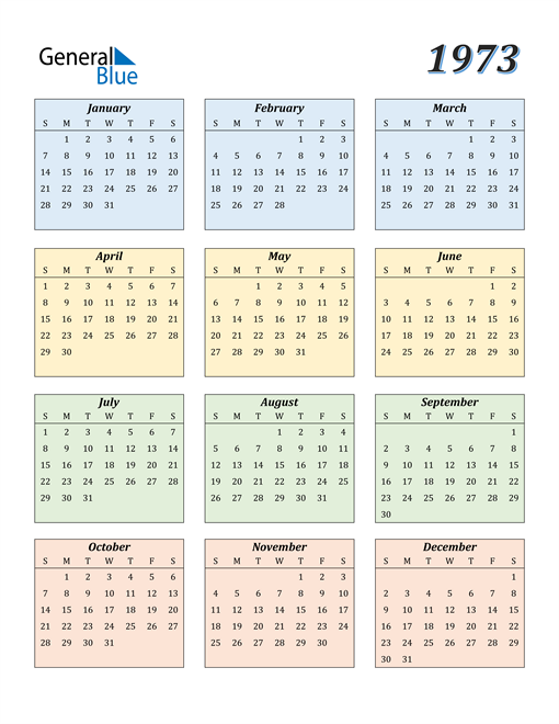 1973 Calendar (PDF, Word, Excel)
