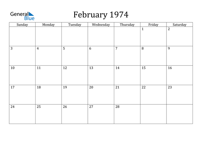 February 1974 Calendar (PDF Word Excel)