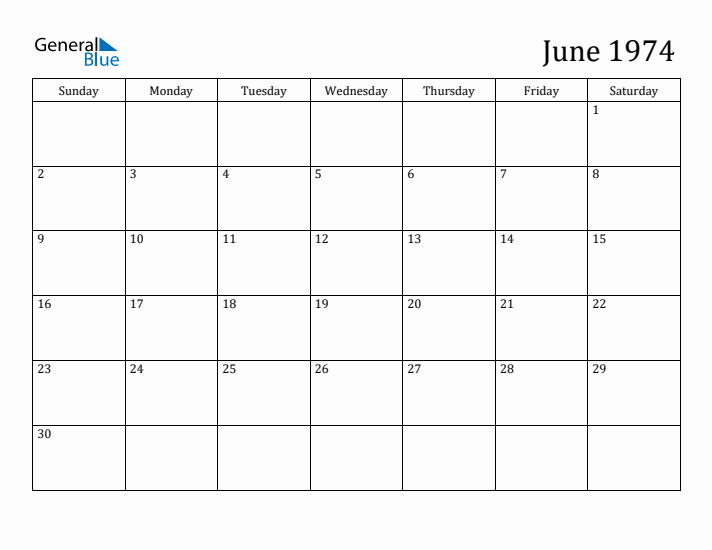 June 1974 Monthly Calendar (PDF Word Excel)