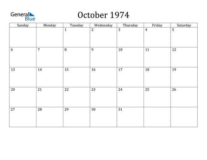 October 1974 Calendar (PDF Word Excel)