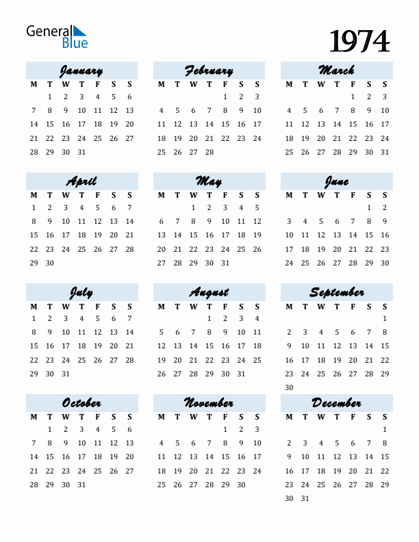 Free Downloadable Calendar for Year 1974