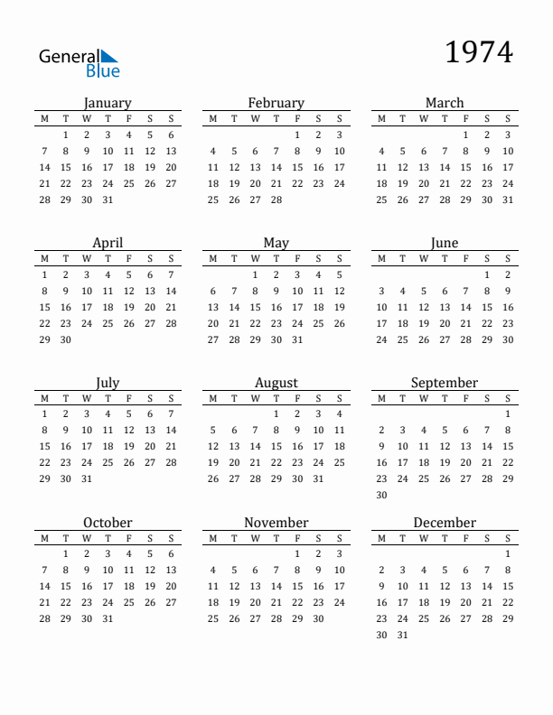 1974 Yearly Calendar Templates with Monday Start